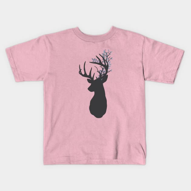 Stag silhouette with Leafy antlers Kids T-Shirt by NixieNoo